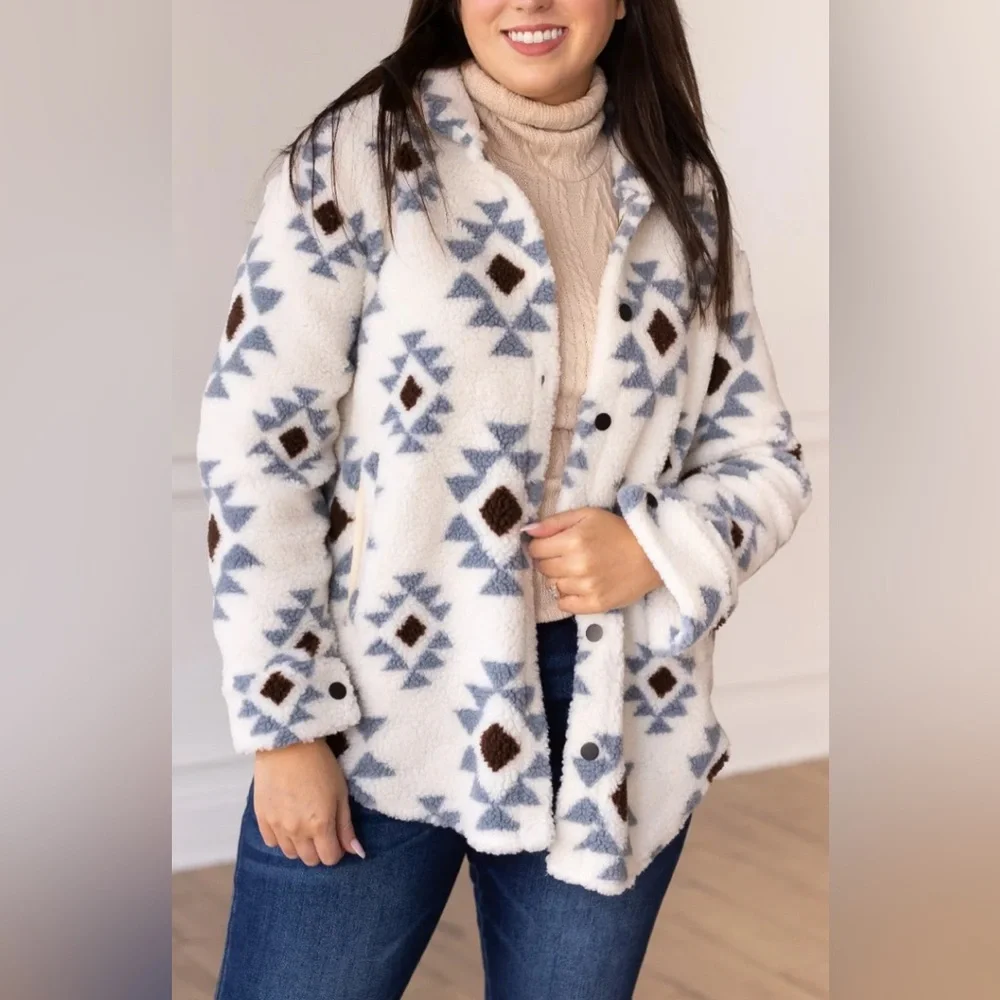 Grace & Emma "She Could Be The One" ivory aztec pattern sherpa jacket. 2XL. NWT - Picture 1 of 14